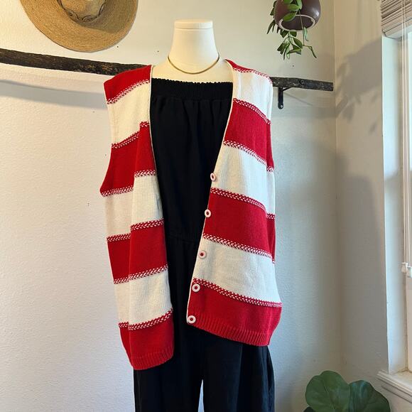 Liz Claiborne Red & White Chunky Cotton Knit Sweater Long Vest Size Medium - Picture 11 of 12